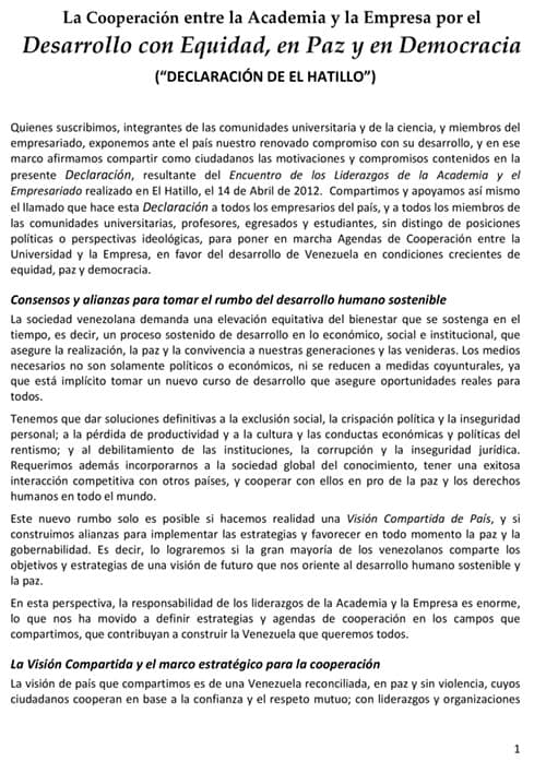 La Cooperación entre la Academia y la Empresa por el Desarrollo con Equidad, en Paz y en Democracia (“DECLARACIÓN DE EL HATILLO”)
