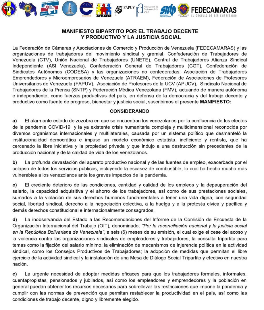 Manifiesto bipartito por el trabajo decente y productivo y la justicia social